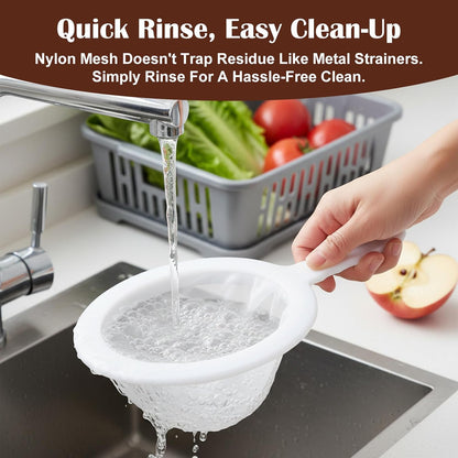 2 PCS Small Fine Mesh Strainer, Plastic Strainers Fine Mesh for Kitchen with Handle, Juice Strainers After Juicing, Soft Nylon Small Strainer for Coffee, Milk, Soy Milk, Juice(120 Mesh)