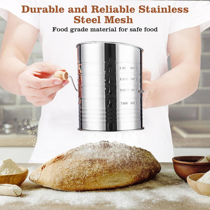 Flour Sifter for Baking, 304 Stainless Steel 5 Cup Flour Sieve Fine Mesh Screen Powder Sifters with Loop Agitator for Quick Sifting, Hand Crank Sifter for Cooking Baking Kitchen Sugar Utensil DIY