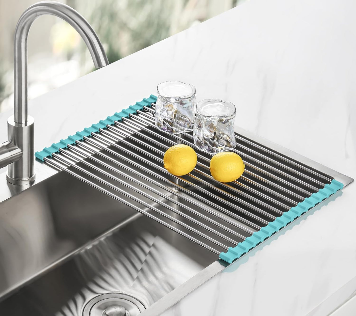 Tomorotec 17.7" x 15.5" Roll Up Dish Drying Rack Over Sink Drying Rack Sink Cover Kitchen Sink Accessories Gadget Multipurpose Organizer Foldable Stainless Steel Drainer