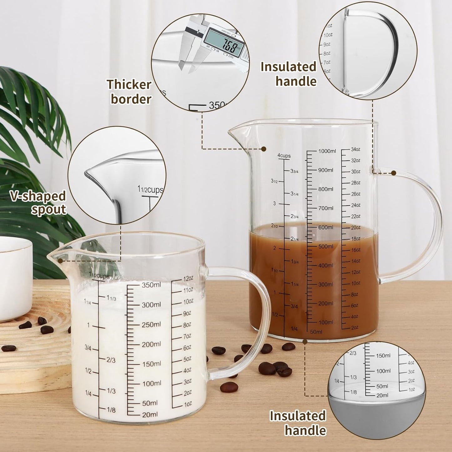 Glass Measuring Cup Set, 4-Cup/32oz (1000 ml) + 12oz (350 ml) Graduated Pitchers with Handle & Drip-Free Spout, Fine Mesh Strainer & Cleaning Brush for Liquid Measuring, Baking, Cold Brew