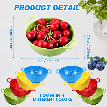 Baderke 4 Pack Mini Colander for Kitchen Plastic Berry Strainer with Double Handles 7.5 x 6 x 3 Inch Small Colander Strainer for Fruits Vegetables Food (Green, Purple, Red, Lemon Yellow)