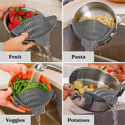 Kitchen Silicone Strainer, Silicone Pasta Strainer Clip-On for Pots and Pans - Heat Resistant Colander for Vegetables and Noodles - Kitchen Gadgets for Cooking - Space-Saving Design - Gray