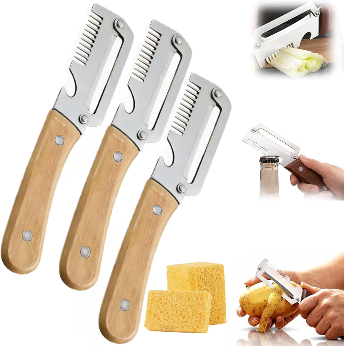 Elite Knife Shredder, Multi Peeler and Knife Kitchen, The 2.5mm Stainless Steel Peeler, Peeler and Julienne Shredder Tool with Wooden Handle and Bottle Opener, Vegetable Peeler Shredder Combo (2pcs)