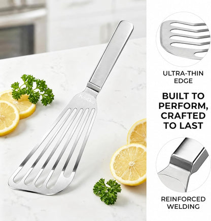 KSENDALO 1 Thin Flexible & Sturdy Fish Spatula Stainless Steel for Kitchen Cooking Use Fish Spatula Egg Flipper BBQ Flipper Stainless Steel Blade Thin Flexible, Welded Middle, Dishwasher Safe -Silver