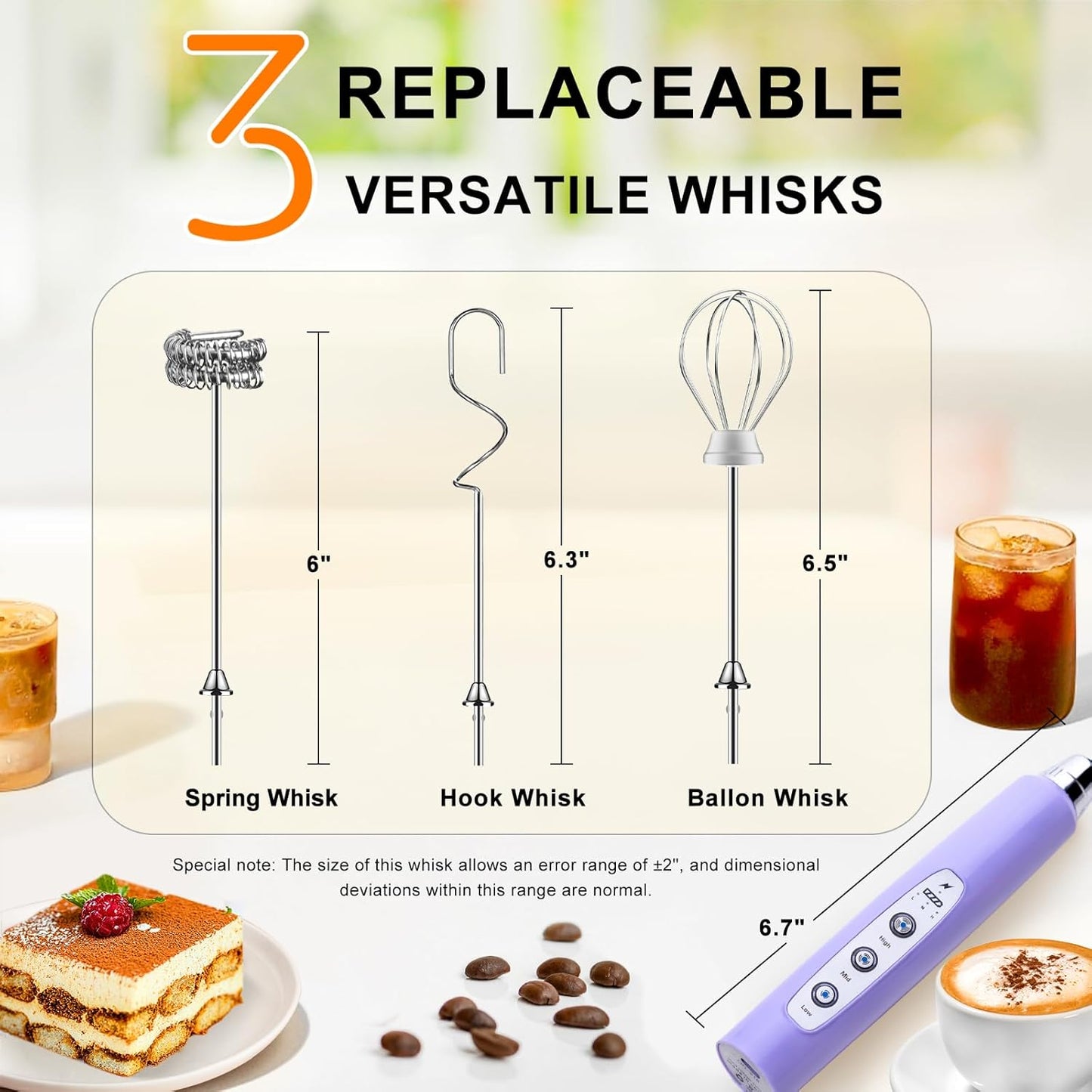 YUSWKO Black Handheld Milk Frother Wand for Coffee, Rechargeable Electric Whisk with 3 Heads 3 Speeds Drink Mixer Coffee Frother For Latte, Cappuccino, Hot Chocolate, Egg