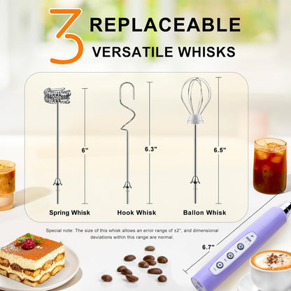 YUSWKO Black Handheld Milk Frother Wand for Coffee, Rechargeable Electric Whisk with 3 Heads 3 Speeds Drink Mixer Coffee Frother For Latte, Cappuccino, Hot Chocolate, Egg