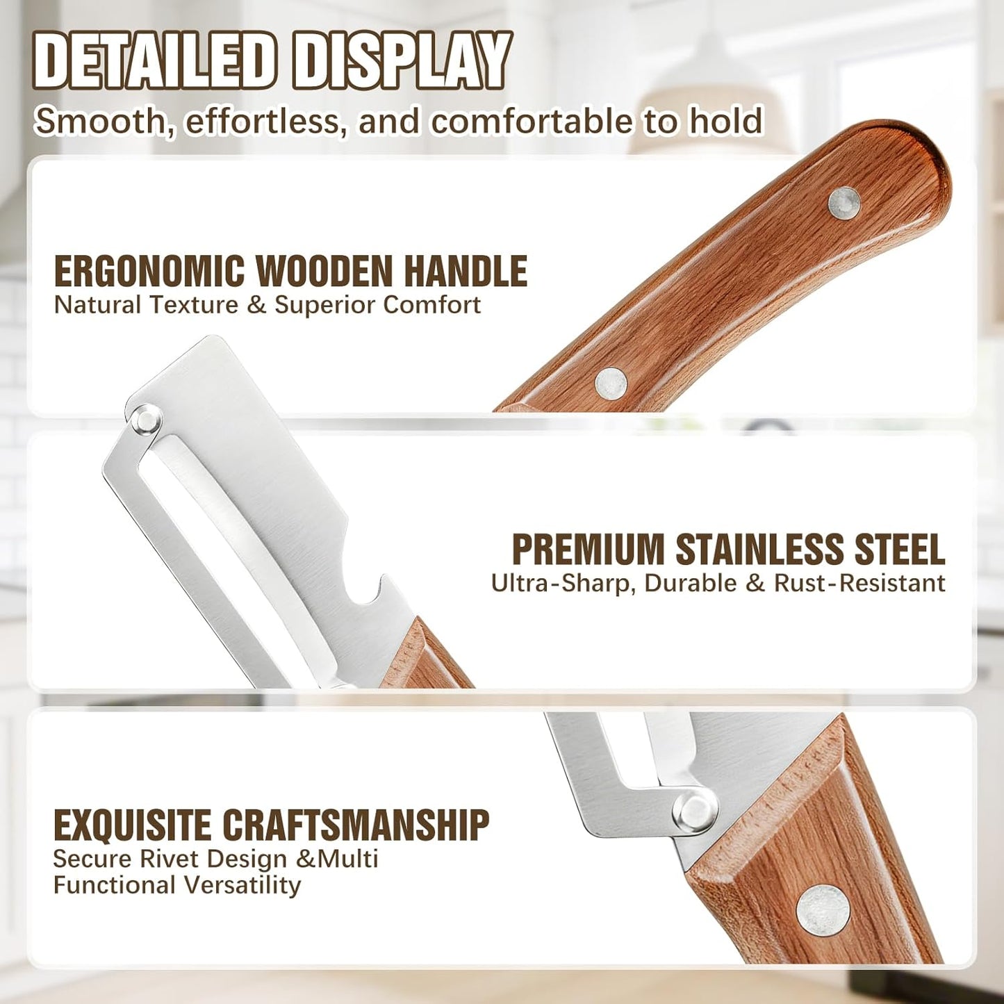 Left & Right Hand Vegetable Peeler Set with Scallion Slicer & Bottle Opener, Heavy-Duty Thick Stainless Steel Blade, Multi-Function Kitchen Peeler with Wooden Handle for Fruits & Vegetables(New 2pcs)