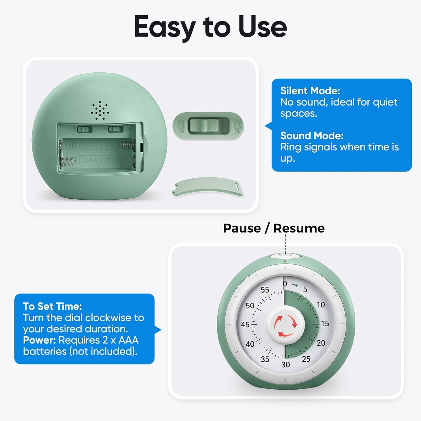 Visual Timer for Kids, 60-Minute Silent Countdown for Classroom, Home, Office, Kitchen, Rainbow Pattern Desk Timer, Time Management Tools with Silent Operation, Pomodoro Timer (Green)