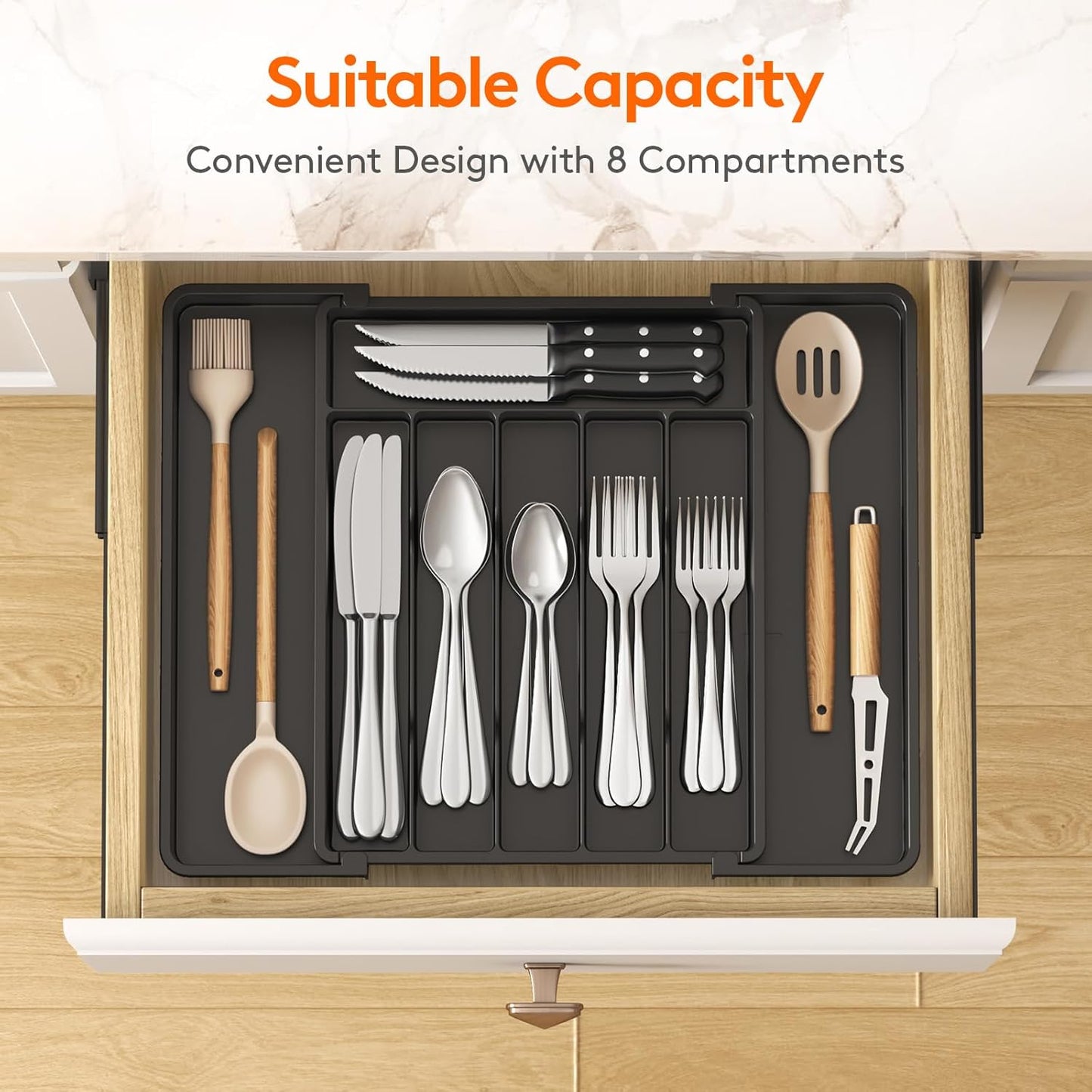 Lifewit Silverware Drawer Organizer, Expandable Utensil Tray for Kitchen, BPA Free Flatware and Cutlery Holder, Adjustable Plastic Storage for Spoons Forks Knives, 11-18 x 14", Black