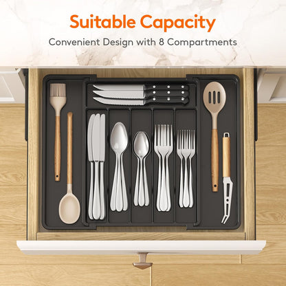 Lifewit Silverware Drawer Organizer, Expandable Utensil Tray for Kitchen, BPA Free Flatware and Cutlery Holder, Adjustable Plastic Storage for Spoons Forks Knives, 11-18 x 14", Black