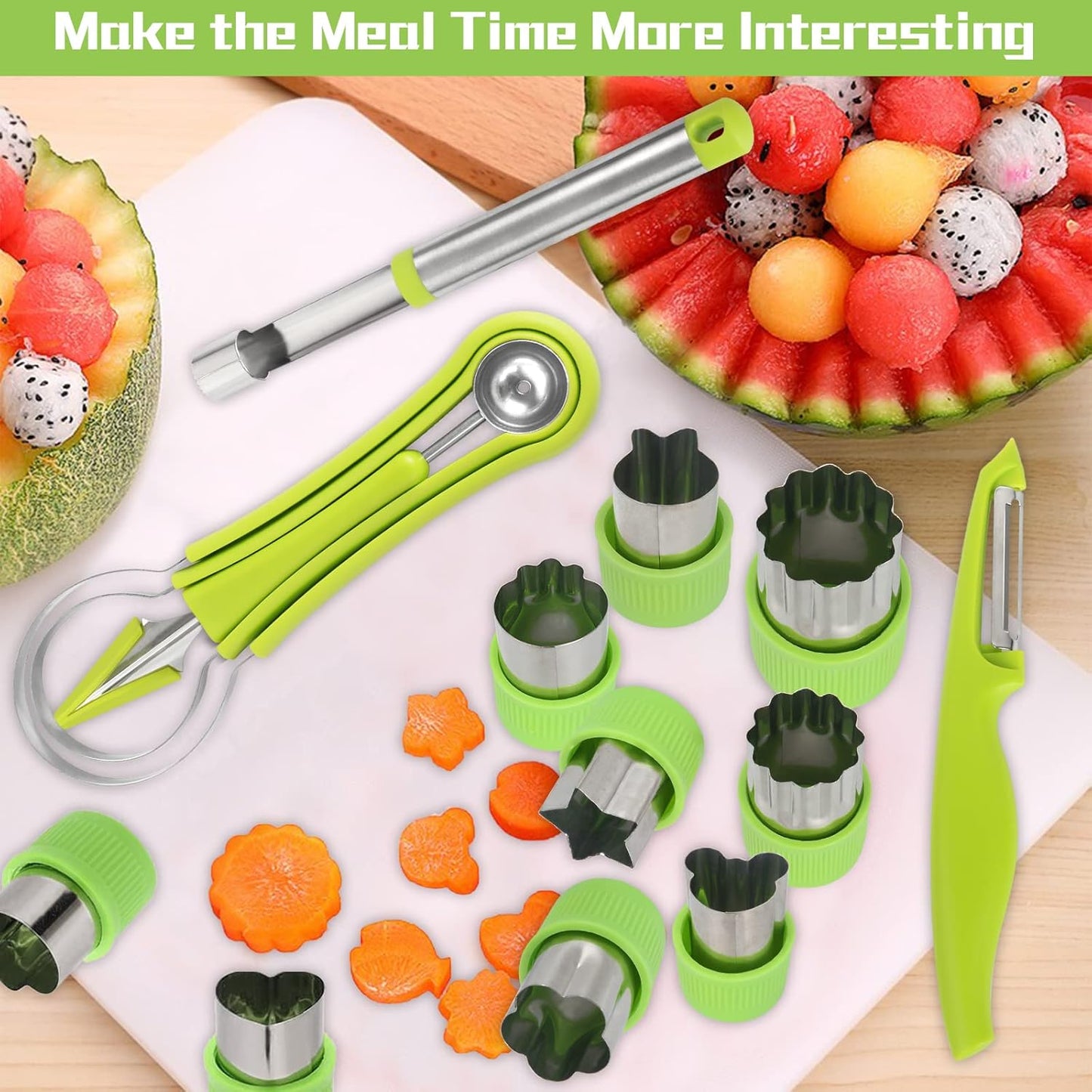 17 Pack Melon Baller Scoop Set - 4 in 1 Stainless Steel Fruit Tool Set Fruit Scooper Seed Remover with Fruit Vegetable Cutter Shapes Set Fruit Peeler for Fruit Slicer Dig Pulp Separator (A)