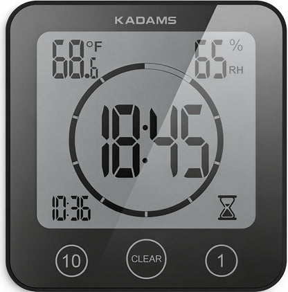 KADAMS Shower Clock Waterproof Bathroom Timer – Digital Wall Clock with Countdown, Magnetic Kitchen Clock with Temperature & Humidity, Suction Cup for Kids Shower Spa Cook Bath (Black)
