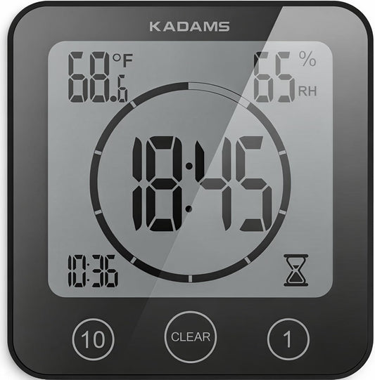 KADAMS Shower Clock Waterproof Bathroom Timer – Digital Wall Clock with Countdown, Magnetic Kitchen Clock with Temperature & Humidity, Suction Cup for Kids Shower Spa Cook Bath (Black)