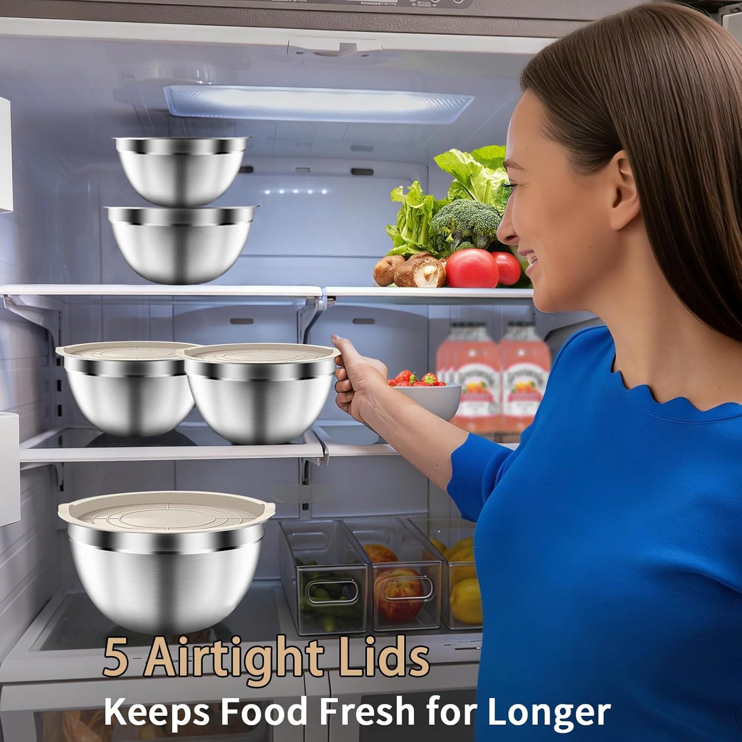 Mixing Bowls with Airtight Lids Set, 5 PCS Stainless Steel Khaki Nesting Bowls for Kitchen, Large Prep Metal Mixing Bowls for Kitchen, 5.5/4/3.5/2/1.5 QT for Mixing & Serving