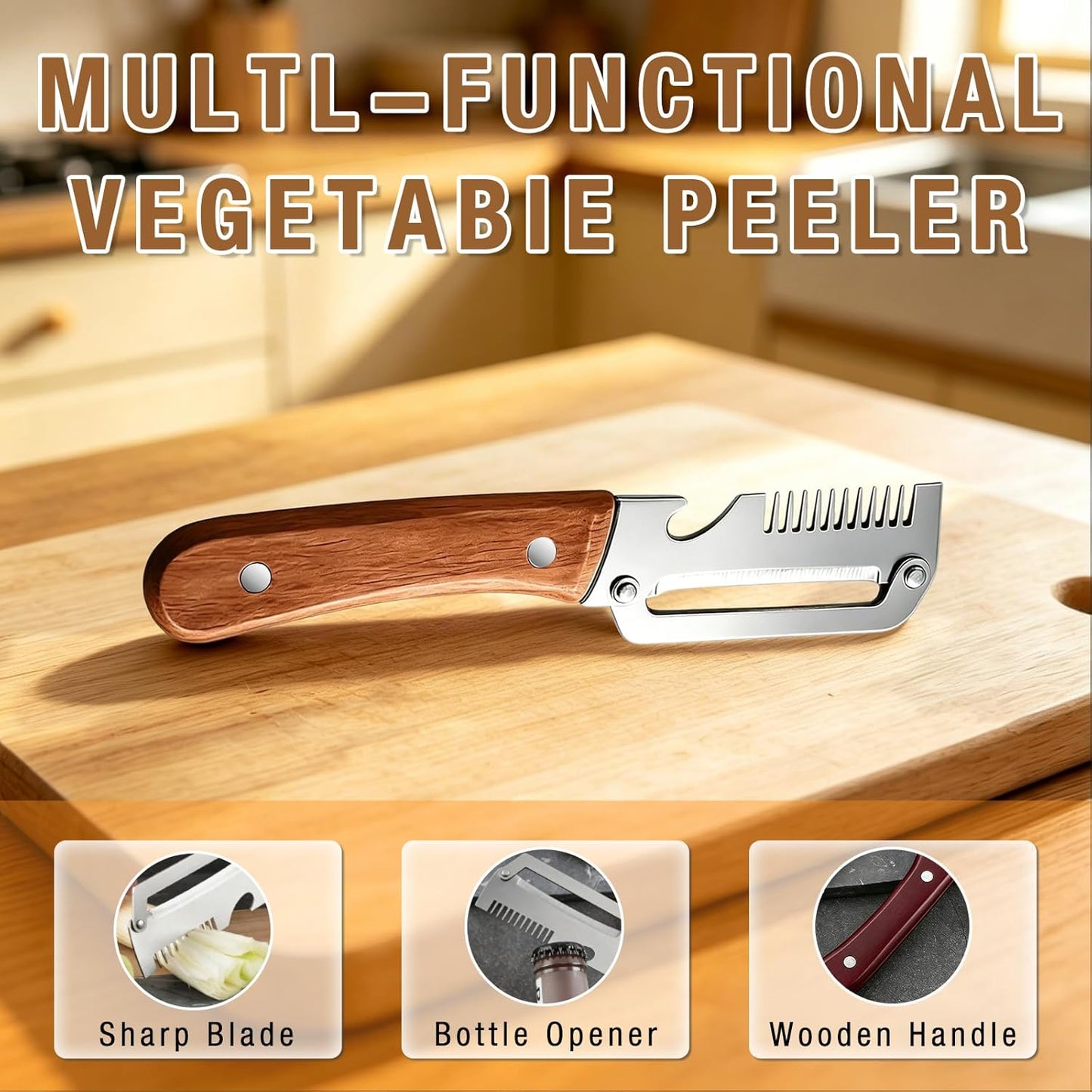 Multifunctional Vegetable Peeler 2-Pack, 3-in-1 Kitchen Peeler with Julienne Grater & Bottle Opener, Durable Stainless Steel Handle for Potato, Carrot, Apple (B)