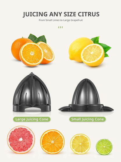 Electric Citrus Juicer Squeezer, Orange Juicer with Two Interchangeable Cones, Suitable for orange, lemon and Grapefruit, Brushed Stainless Steel, Easy to Clean and Use (Black+Silver)