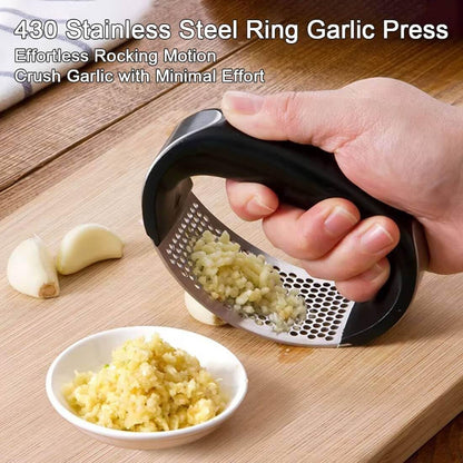 2026 New 430 Stainless Steel Ring Garlic Press – Heavy-Duty Garlic Rocker with Silicone Peeler & Cleaning Brush, Easy-Rinse Stainless Garlic Mincer Tool for Home Kitchens (Red)