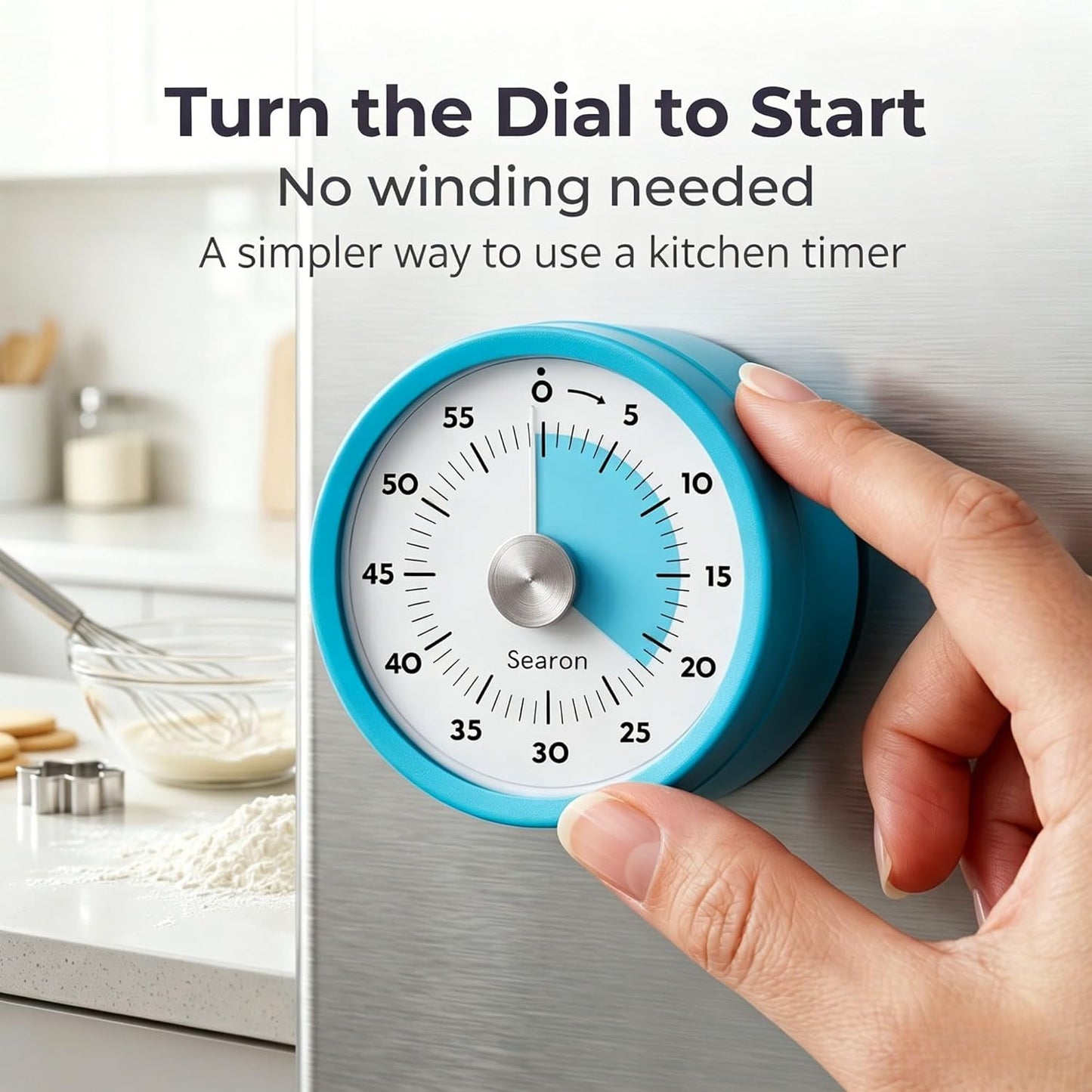 Searon Magnetic Visual Kitchen Timer, 60 Minute Countdown Timer with LED Alert, Turn the Dial to Start, No Winding Needed for Cooking, Baking, Meal Prep & Daily Kitchen Tasks (Blue)