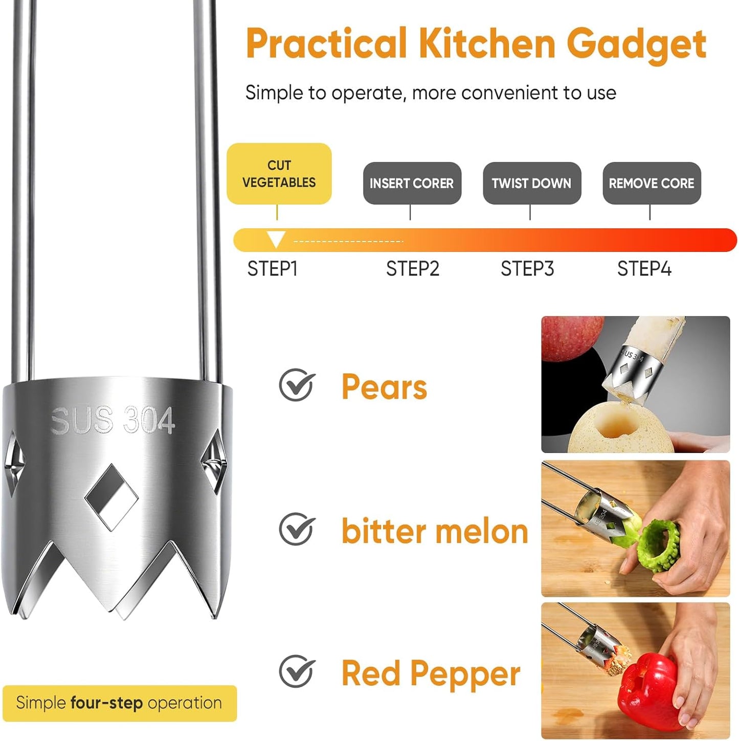Red Bell Pepper Seed Corer - 304 Stainless Steel Fruit Vegetable Stem Remover for Pepper Pineapple Pear Apple Tomato, Easy to Use & Clean Kitchen Gadgets Tool