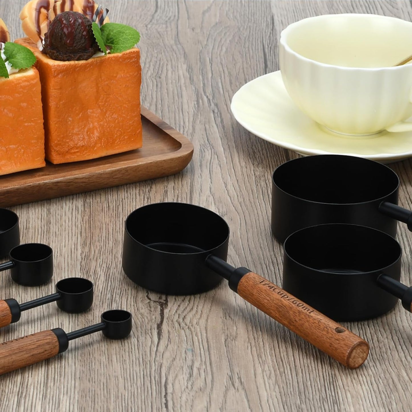 Gold Measuring Cups and Spoons Set with Fragrant Wood Handle, Measuring Cups, Metal Measuring Spoons and Measuring Cup Set for Cooking & Baking, Set of 8 pcs