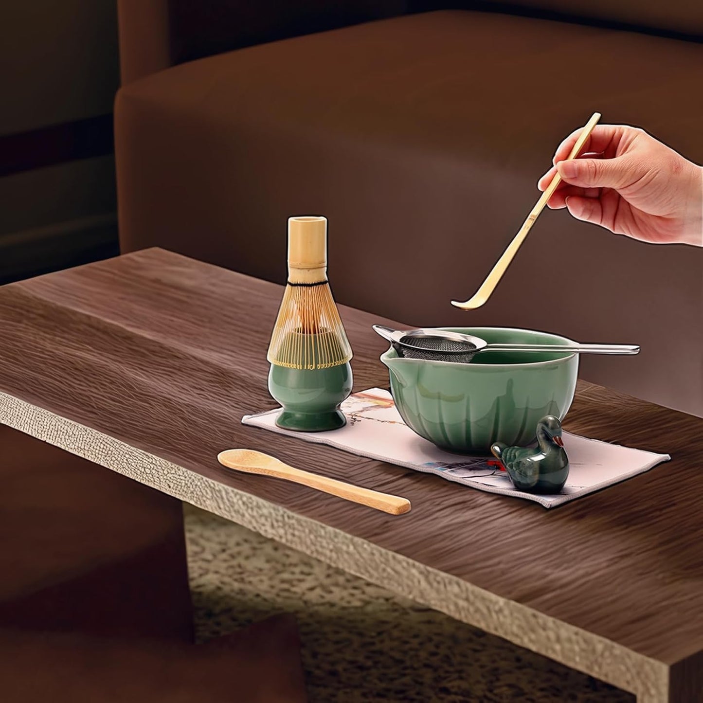 Matcha Ceremony Accessory,temmoku glaze Matcha Whisk, Traditional Scoop (Chashaku), Tea Spoon, Whisk Holder, 1 tea bowl, 1 tea siev, The Perfect Set to Prepare a Traditional Cup of Matcha. (Green)