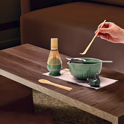 Matcha Ceremony Accessory,temmoku glaze Matcha Whisk, Traditional Scoop (Chashaku), Tea Spoon, Whisk Holder, 1 tea bowl, 1 tea siev, The Perfect Set to Prepare a Traditional Cup of Matcha. (Green)