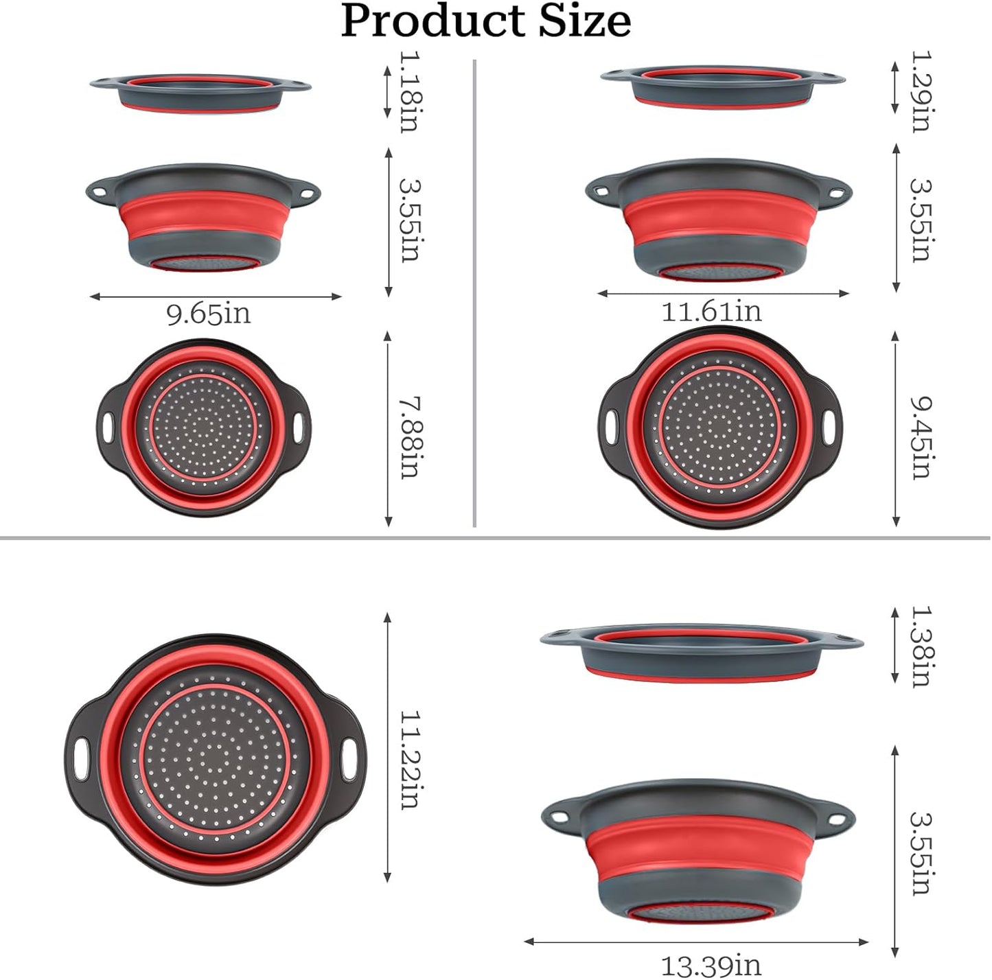 Collapsible Colander 3-Pack Set Space-Saving Foldable Kitchen Strainer with Non-Slip Base Durable Thickened PP+TPE Collapsible Strainers for Pasta, Vegetables, Fruits (Gray-White)