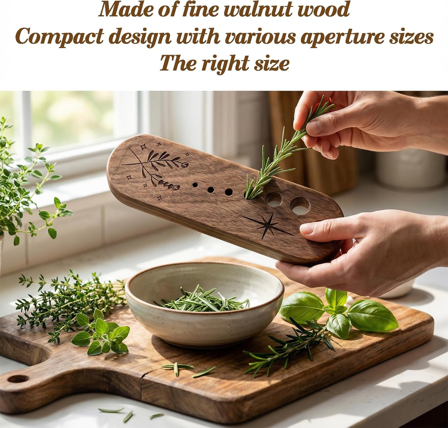 Herb Stripper with 7-Hole Leaf Separator & Black Walnut Chopper, Herb Prep Tool for Kale, Chard, Collard Greens, Rosemary, Mint and Thyme