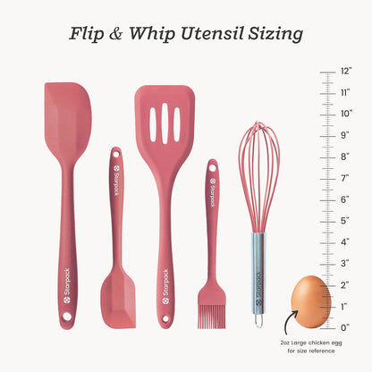 Starpack 'Flip & Whip' Premium Silicone Baking Utensils Set (5 Pcs) - 10" Green Cooking Utensils with Large and Small Spatulas, Whisk and Basting Brush - Heat Resistant to 600°F - Baking Tool Set