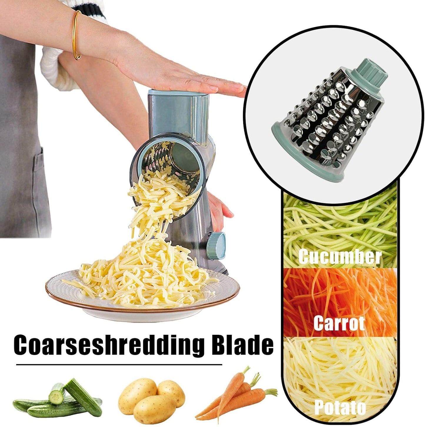 Cheese Grater Hand Crank, Stainless Steel Cheese Shredder with Strong Suction Base, Rotary Grater for Carrots, Potatoes, Vegetables and Fruits, Easy to Clean