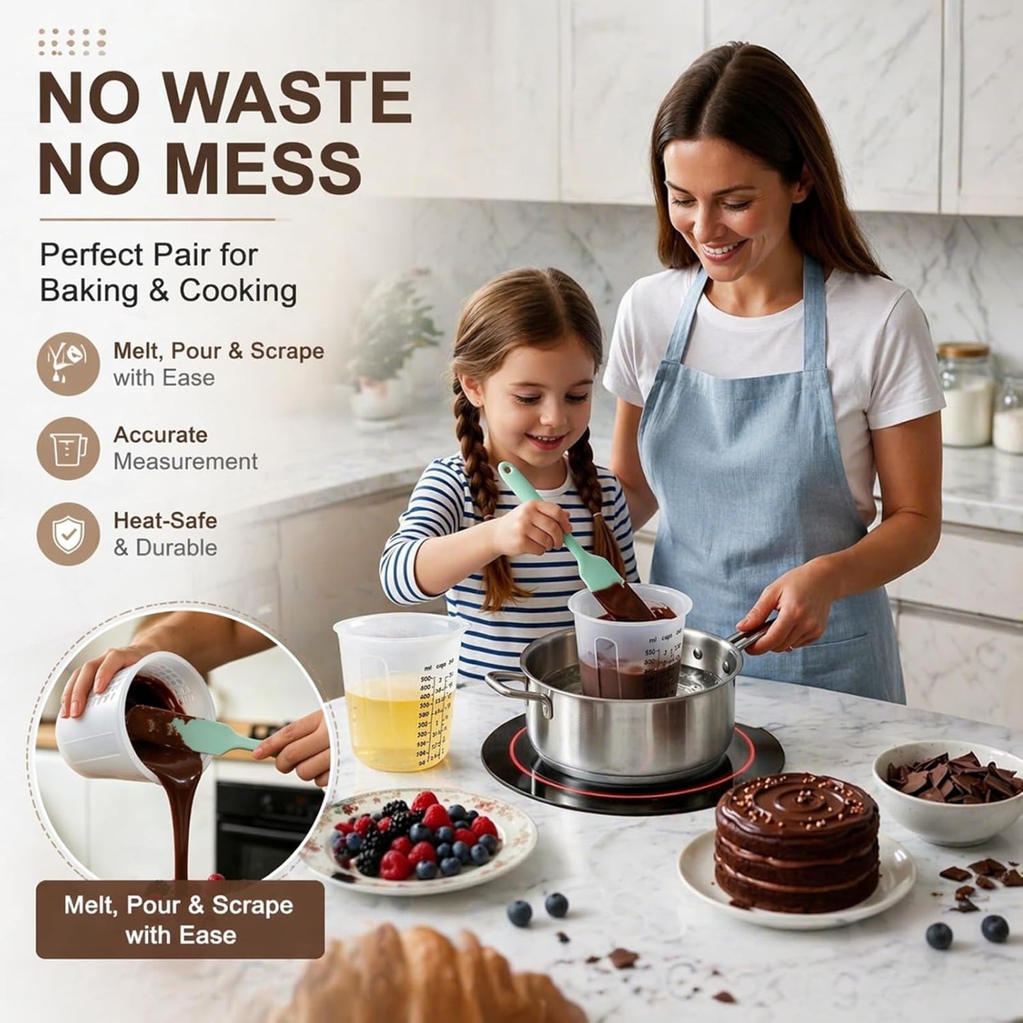 Palksky Silicone Chocolate Melting Cup Set with 4 Silicone Measuring Cups (250ml & 350ml) and 4PCS Heat-Resistant Jar Spatulas, Non-Stick Baking Tools for DIY Chocolate, Butter & Cream Mixing
