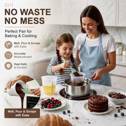 Palksky Silicone Chocolate Melting Cup Set with 4 Silicone Measuring Cups (250ml & 350ml) and 4PCS Heat-Resistant Jar Spatulas, Non-Stick Baking Tools for DIY Chocolate, Butter & Cream Mixing