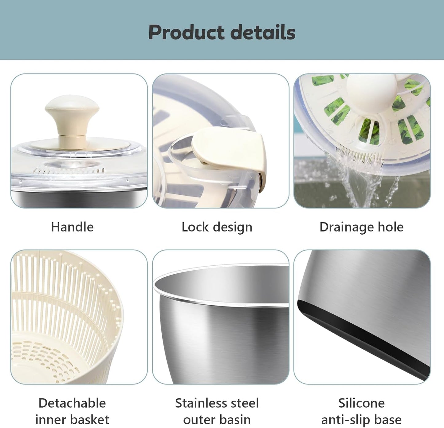 Salad Spinner Stainless Steel，Manual lettuce dryer With lid, basin, drain frame and non-slip base,lettuce spinner with Quick Spin,Spaghetti & Chip Strainer BPA Free,Easy Clean,5qt