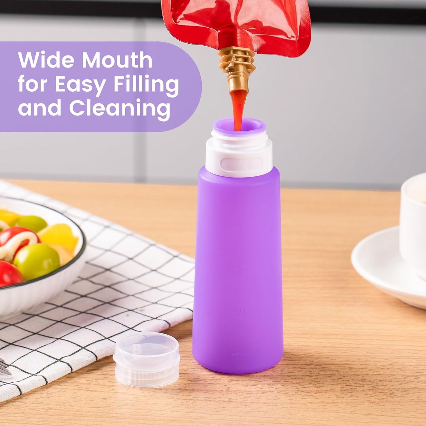MICEBAY Condiment Squeeze Bottles for Sauces, 2-oz Mini Silicone Salad Dressing Container to Go with Reusable Sandwich Bag, Leakproof Ketchup Bottle for Bento Lunch Box, 4 Pack, Candies