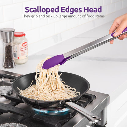 600ºF Heat Resistant Kitchen Tongs: U-Taste 9 inch Silicone Cooking Tong with Firm Sealed Non Stick Rubber Tips & Silicon Coated 18/8 Stainless Steel Handle & Smooth Locking for Serving Salad (Black)