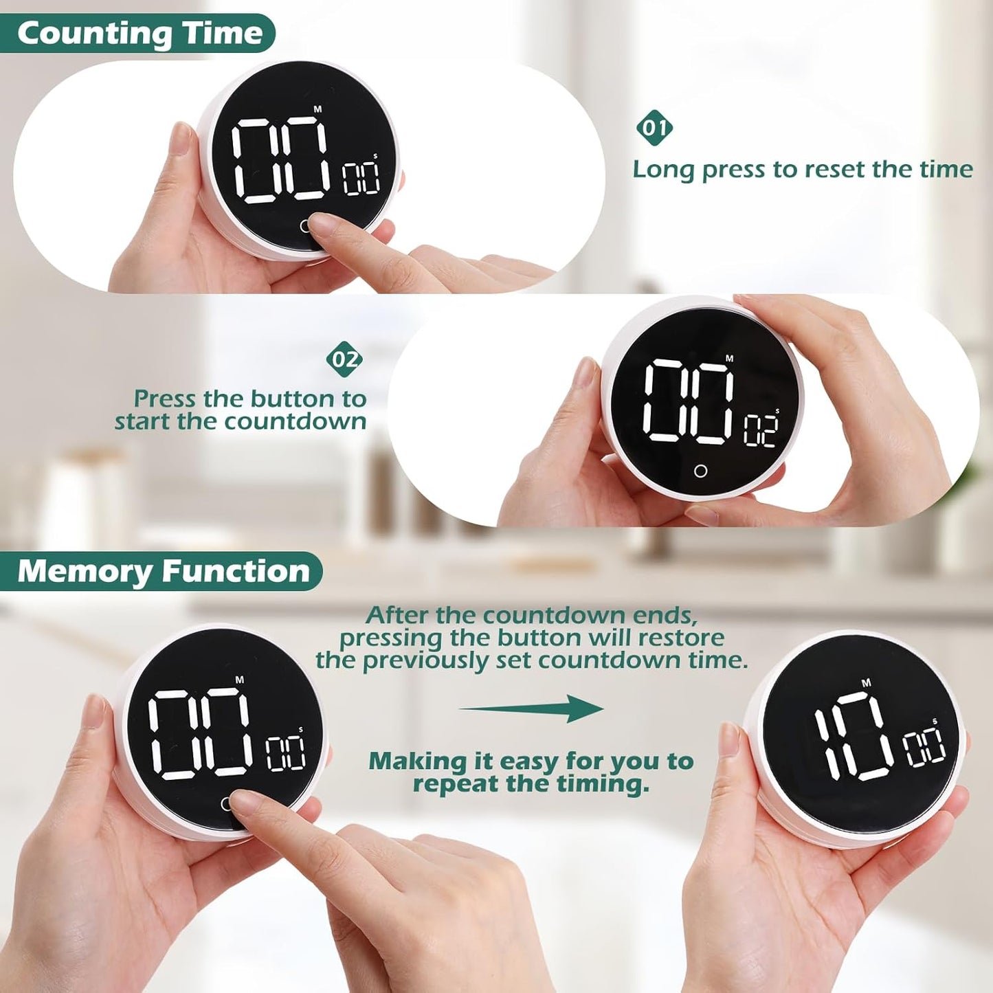 GeeRic Digital Kitchen Timers, 199 Minutes Countdown Countup Rotary Timer, Large LED Stopwatch, Volume Adjustable Kitchen, Study, Workout, and Office Timer Black