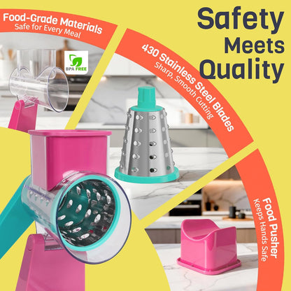 Upgraded Rotary Cheese Grater with 3 Interchangeable Stainless Steel Drums, One-Press Powerful Suction Manual Vegetable Shredder&Slicer for Kitchen, 15pcs Storage Bags Included, Rose-red&Green