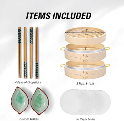 MacaRio Bamboo Steamer Basket Set 10 inch Steamer for Cooking, with Side Handles Chopsticks Ceramic Sauce Dishes Paper Liners, for Dim Sum Dumplings Buns Seafoods Rice Asian Foods