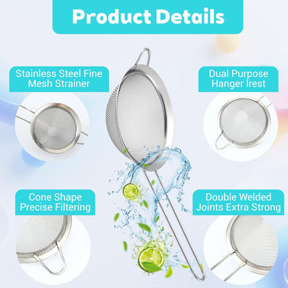 20packs Small Fine Mesh Strainer with Handle 3.3" Stainless Steel Tea Strainers Conical Hand Strainer for Kitchen Juice, Bar Cocktail, Cafe Tea, Coffee Drinks (Silver)