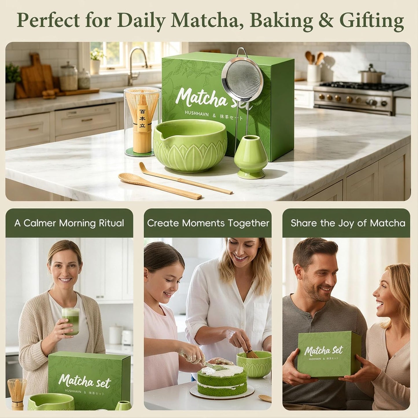 Matcha Whisk Set, Ceramic Matcha Set Includes Bowl & Holder, Bamboo Whisk (Chasen), Scoop, Spoon and Sifter, 6PCS Matcha Kit Covers Everything Needed for Making Matcha (Green)