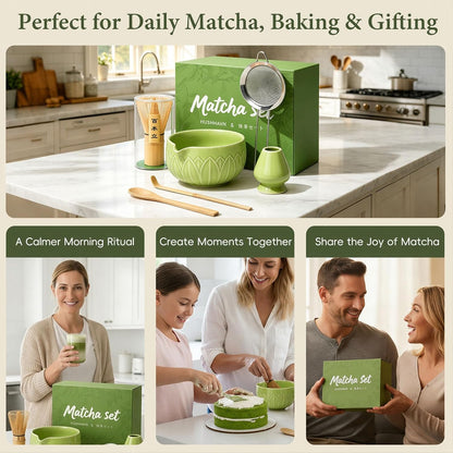 Matcha Whisk Set, Ceramic Matcha Set Includes Bowl & Holder, Bamboo Whisk (Chasen), Scoop, Spoon and Sifter, 6PCS Matcha Kit Covers Everything Needed for Making Matcha (Green)
