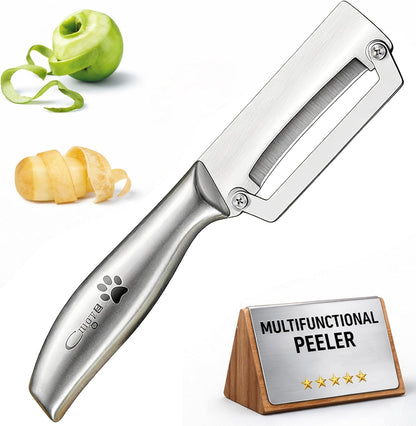Vegetable Peeler, Multifunctional Stainless Steel Potato & Fruit Peeler with Bottle Opener, Wooden Handle Kitchen Tool, Zero Snag Design