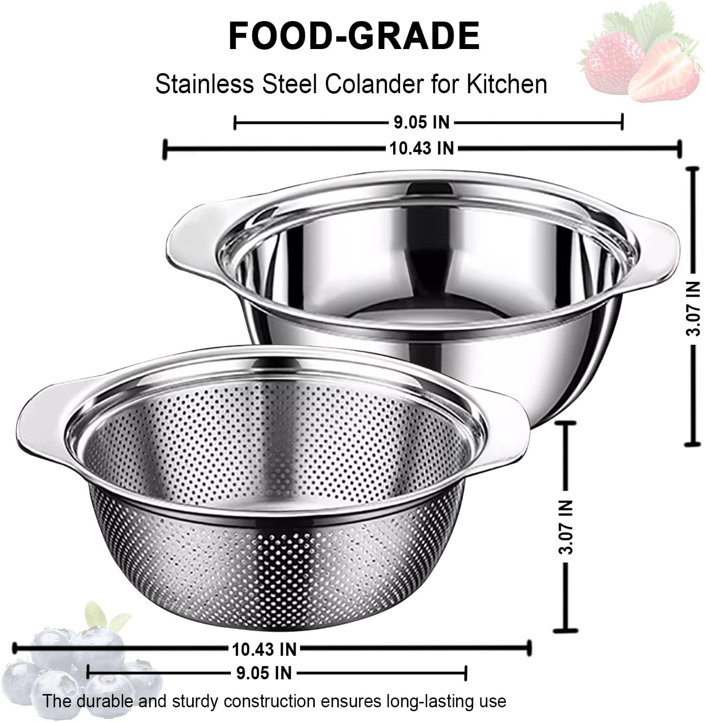 Colander for Kitchen, 1.5 QT 18/8 Stainless Steel Colander, Stainless Steel Strainer with Mixing Bowl, Rice Strainer with Handle for Washing Vegetables, Fruit, Rice, and Pasta (2 PC)