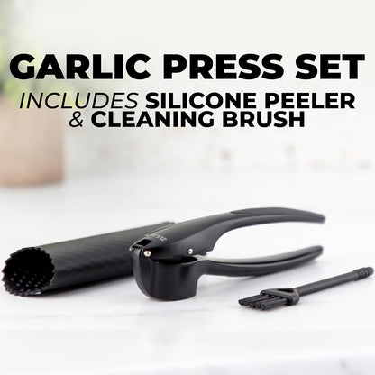 Zulay Kitchen Premium Garlic Press Set - Rust Proof Professional Garlic Mincer Tool - Easy-Squeeze, Easy-Clean with Soft, Ergonomic Handle - Silicone Garlic Peeler & Brush (Silver)