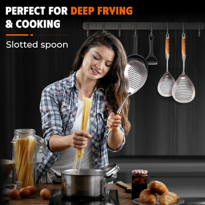 MARTE Skimmer Slotted Spoon Set of 4 - Kitchen Pasta Strainer Spoon - Spider Strainer Skimmer Ladle Spoon with Holder for Cooking and Frying Food, Spaghetti, Vegetable, Dumpling - 14.8In,16.5In,17In