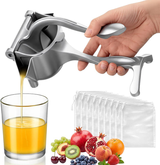Aluminium Alloy Manual Fruit Juicer with 50 Pcs Filter Bag, Heavy Duty Squeezer Juicer Handheld Juice Extractor for Single Citrus Orange Pomegranates Fruit Lemon Lime