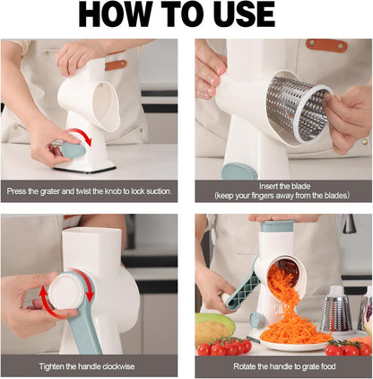 Cheese Grater Cheese Shredder with 3 Interchangeable Blades, Rotary Cheese Grater Manual Vegetable Slicer with Non-slip Suction Base Peanut Nuts Grinder Vegetable Shredder Clear