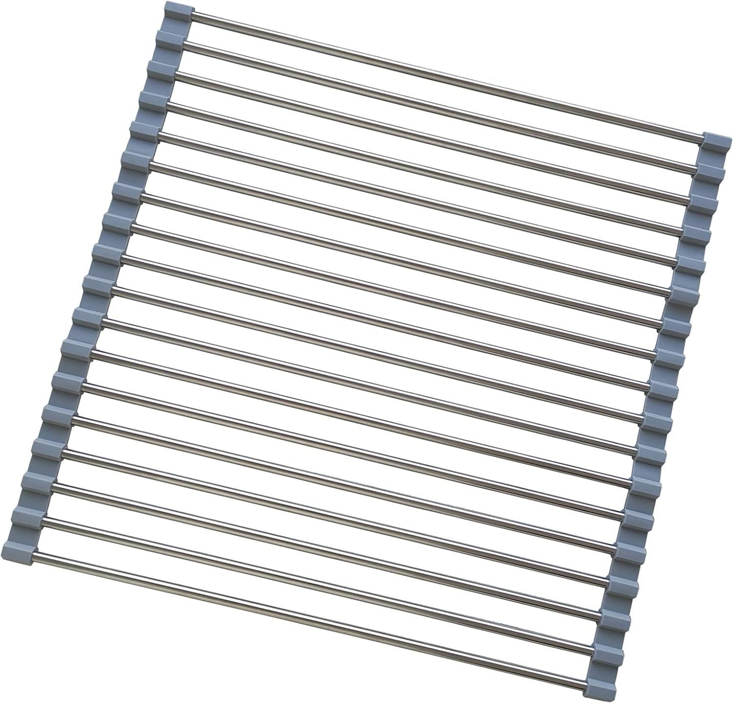 Roll Up Dish Drying Rack, Stainless Steel and Silicone Dish Drying Mat Over The Sink Foldable Drain Rack Multipurpose Dish Drainer for Kitchen, 14.5” x 14”, Gray