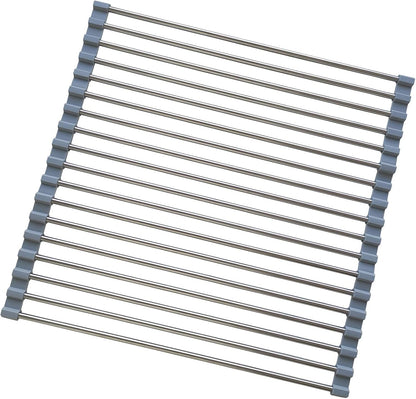 Roll Up Dish Drying Rack, Stainless Steel and Silicone Dish Drying Mat Over The Sink Foldable Drain Rack Multipurpose Dish Drainer for Kitchen, 14.5” x 14”, Gray