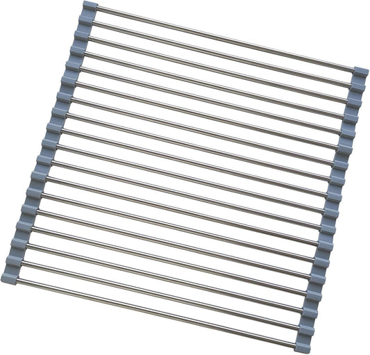 Roll Up Dish Drying Rack, Stainless Steel and Silicone Dish Drying Mat Over The Sink Foldable Drain Rack Multipurpose Dish Drainer for Kitchen, 14.5” x 14”, Gray